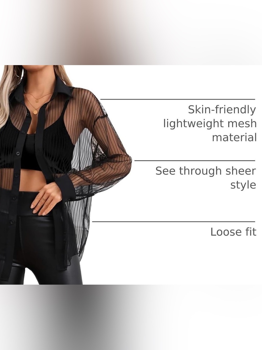 Women’s Sheer Black Mesh Button-Down Shirt - Lightweight Layering Top